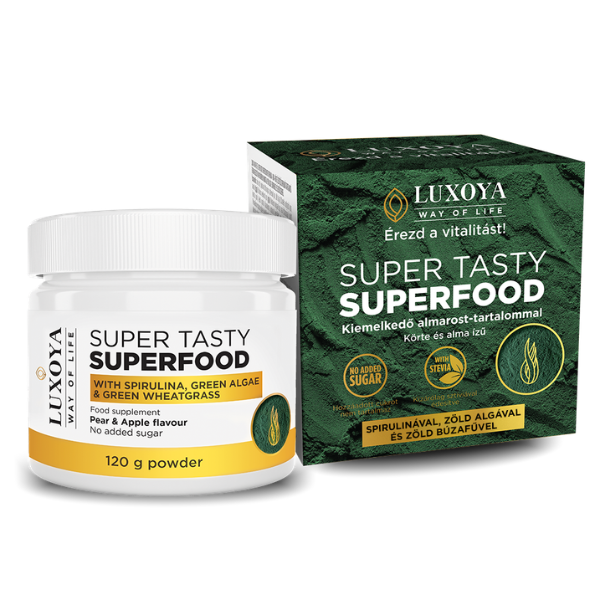Luxoya Super Tasty Superdood - Körte-Alma ízesítésű spirulinát, zöld algát és zöld búzafüvet tartalmazó étrend-kiegészítő italpor 120g